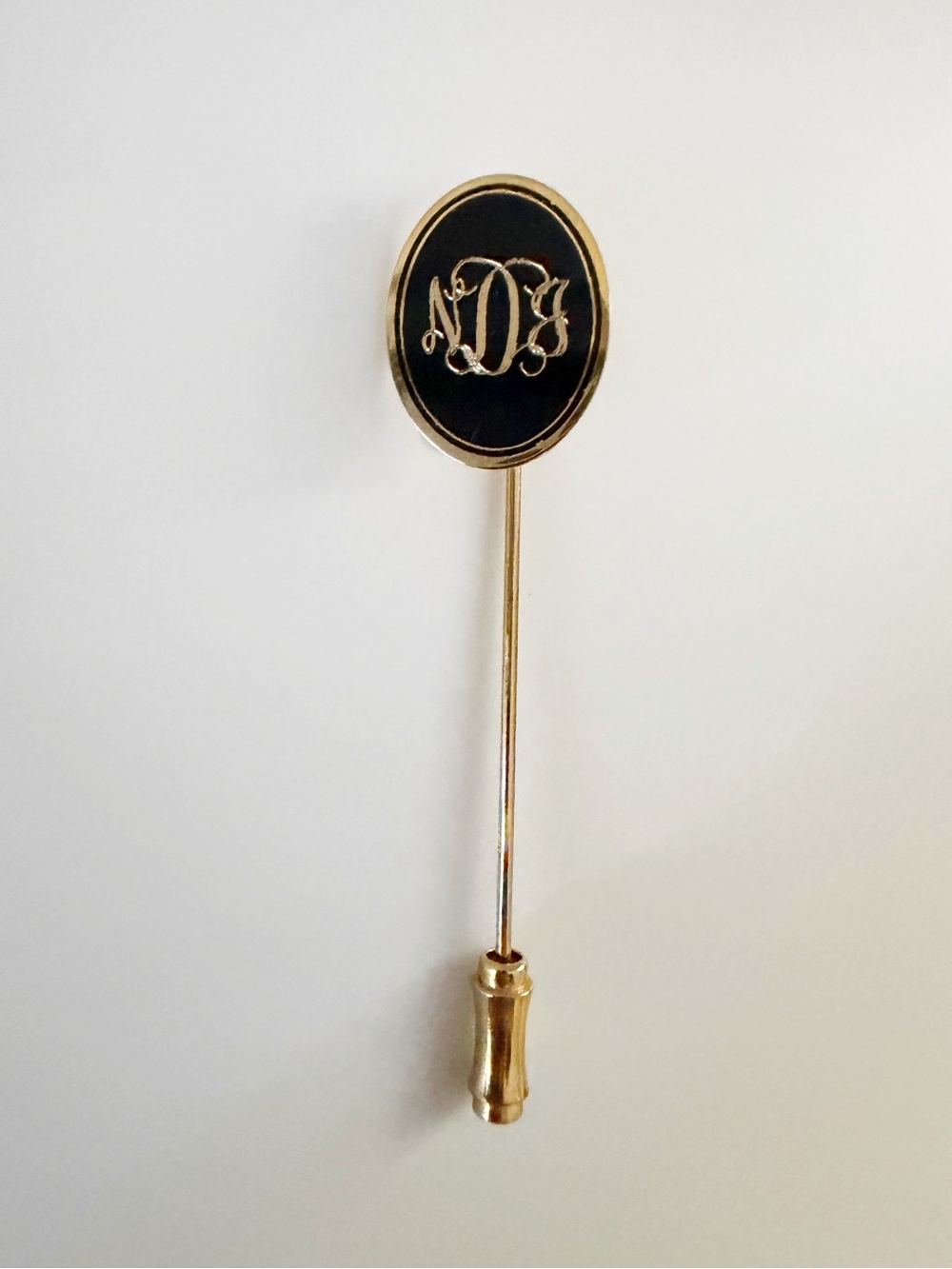 Vintage Monogram NDJ Initials Gold Tone Black Oval Stick Pin Brooch